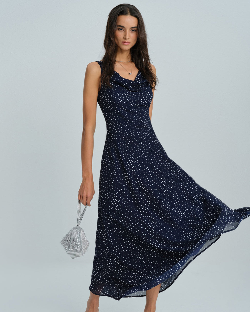 Navy Cowl Neck Polka Dot Maxi Dress