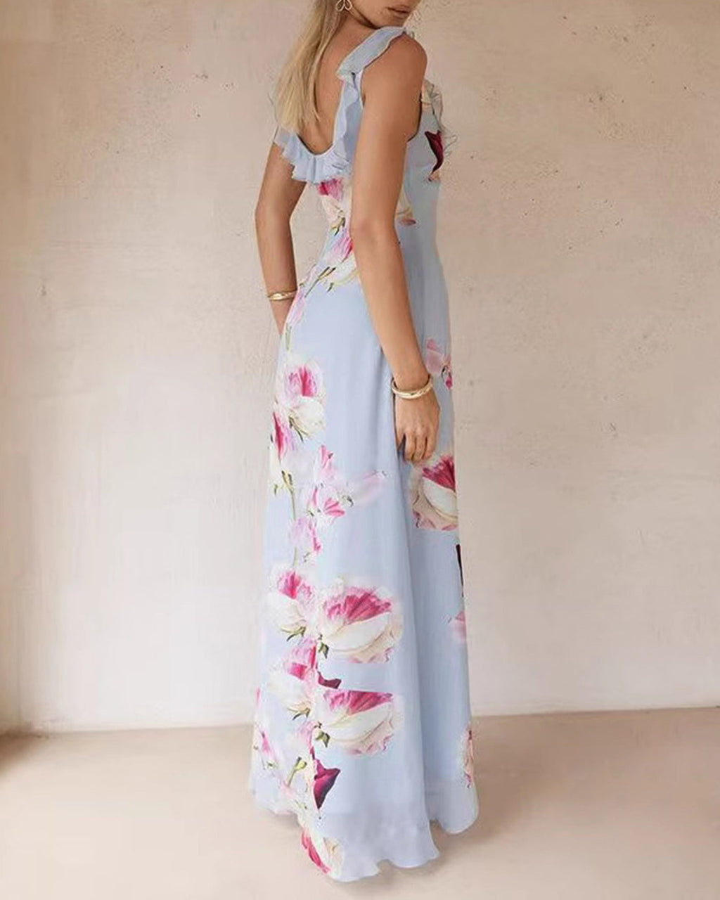 Blue V Neck Floral Ruffle Slip Maxi Dress