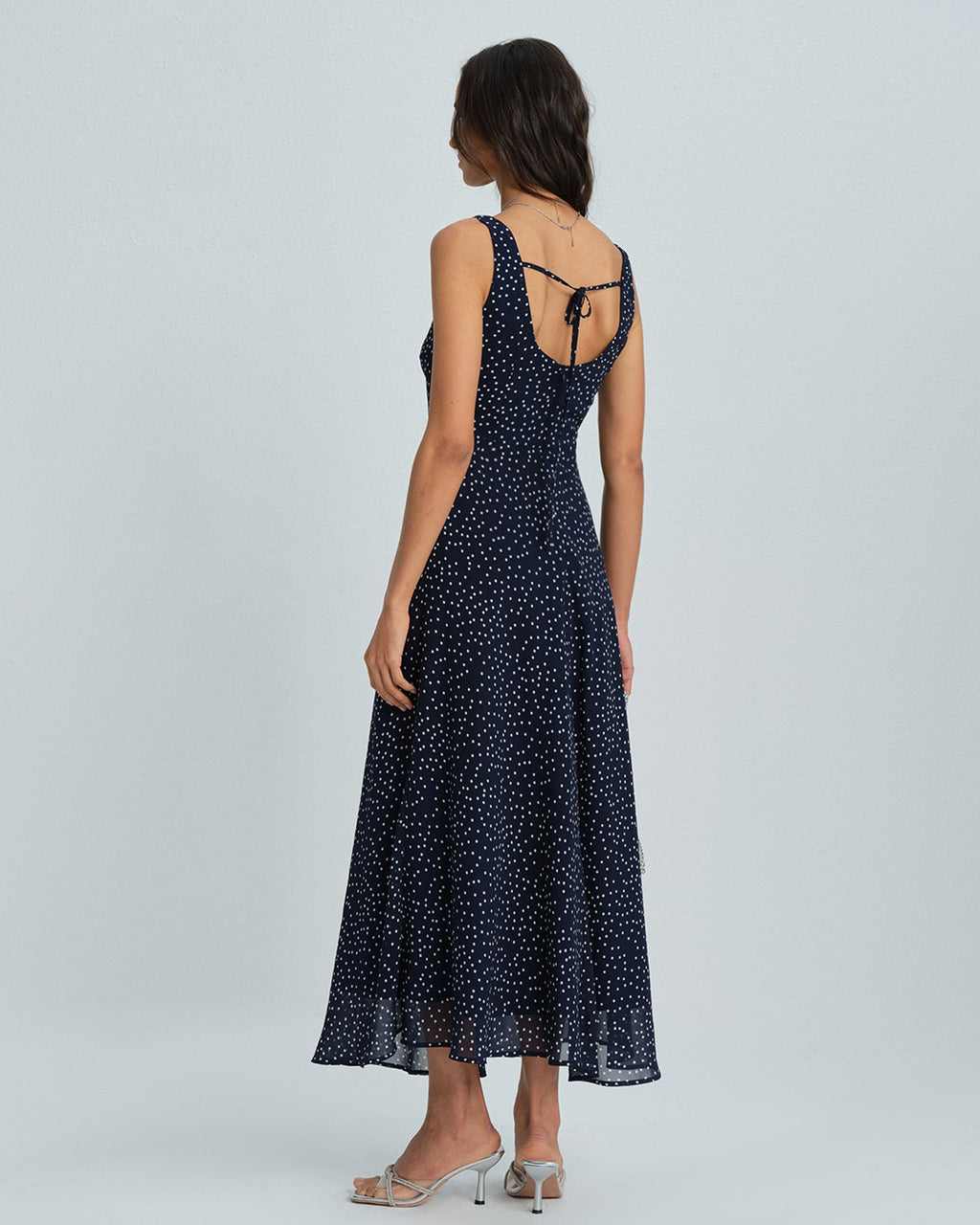 Navy Cowl Neck Polka Dot Maxi Dress