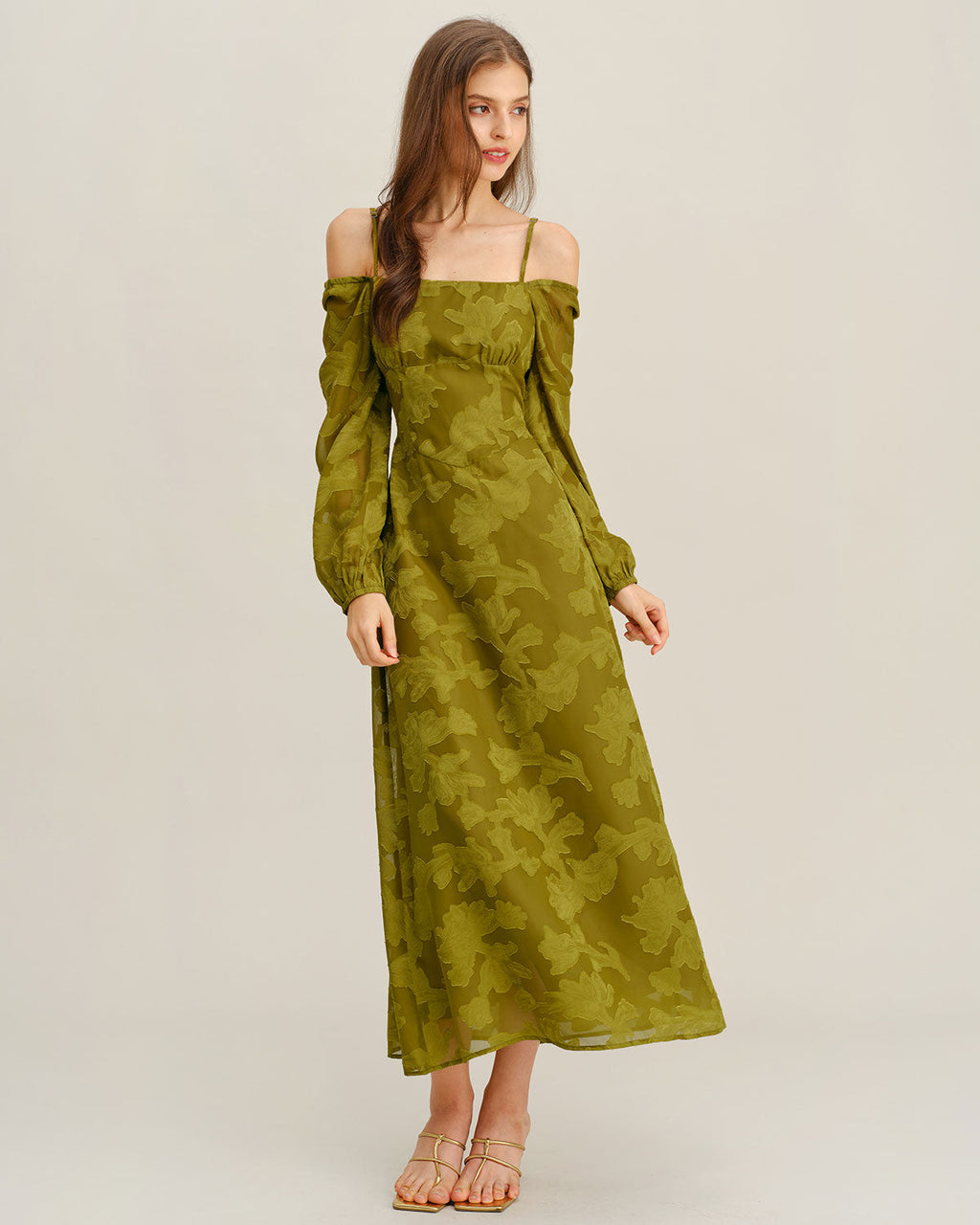 Green Floral Square Neck A-Line Maxi Dress