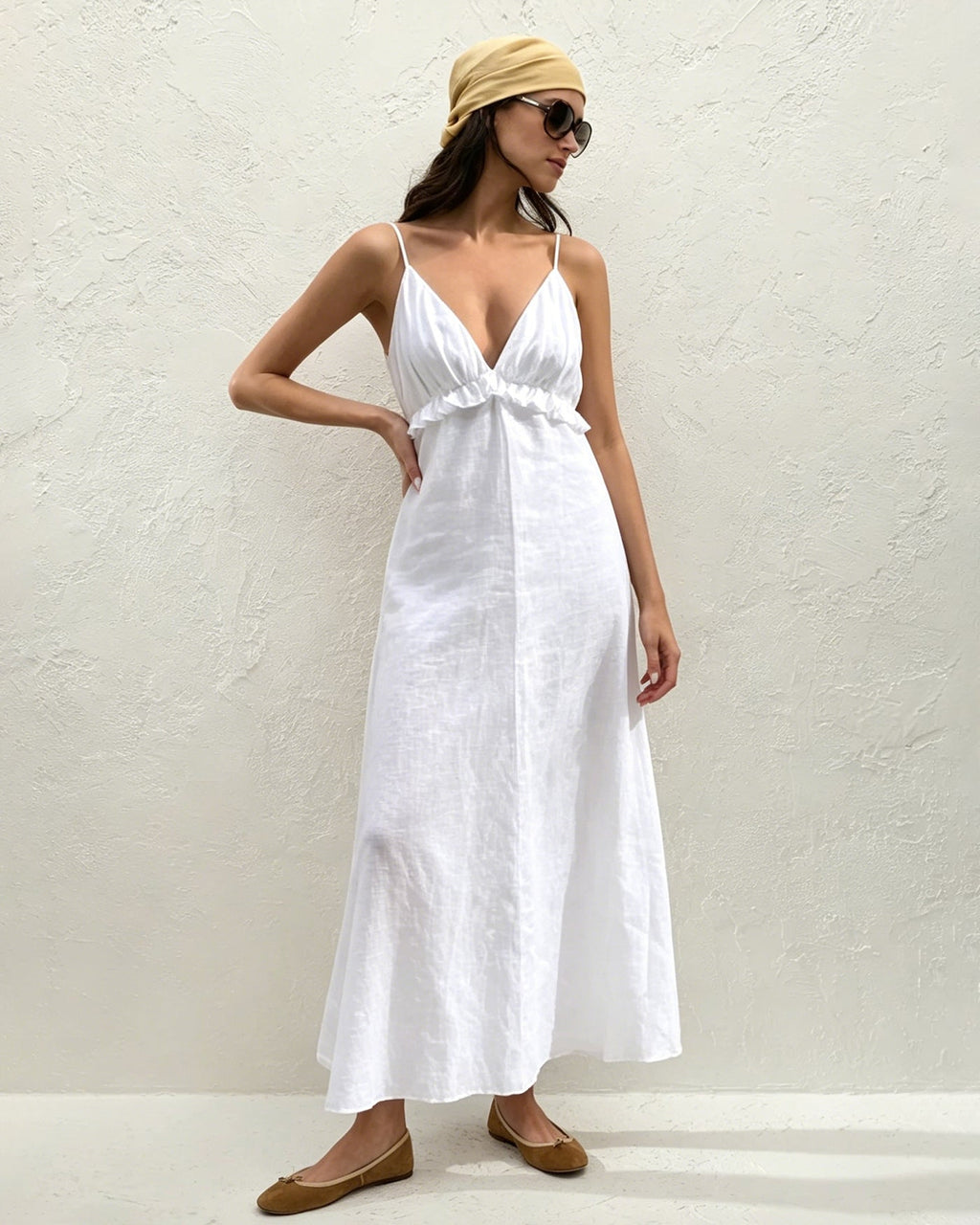 White Solid Ruched Slip Maxi Dress