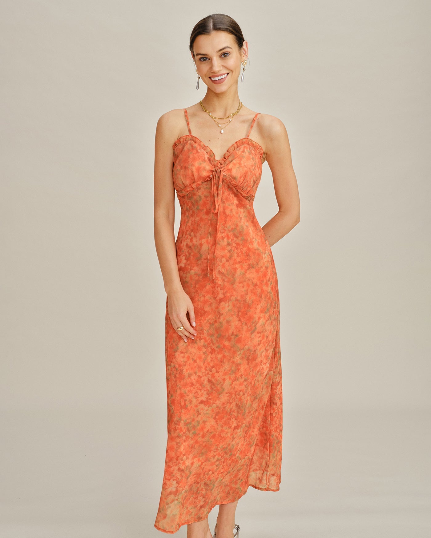 Orange Floral A-Line Slip Maxi Dress