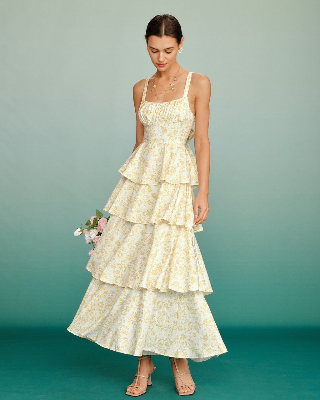 Yellow Floral Ruched Slip Maxi Dress