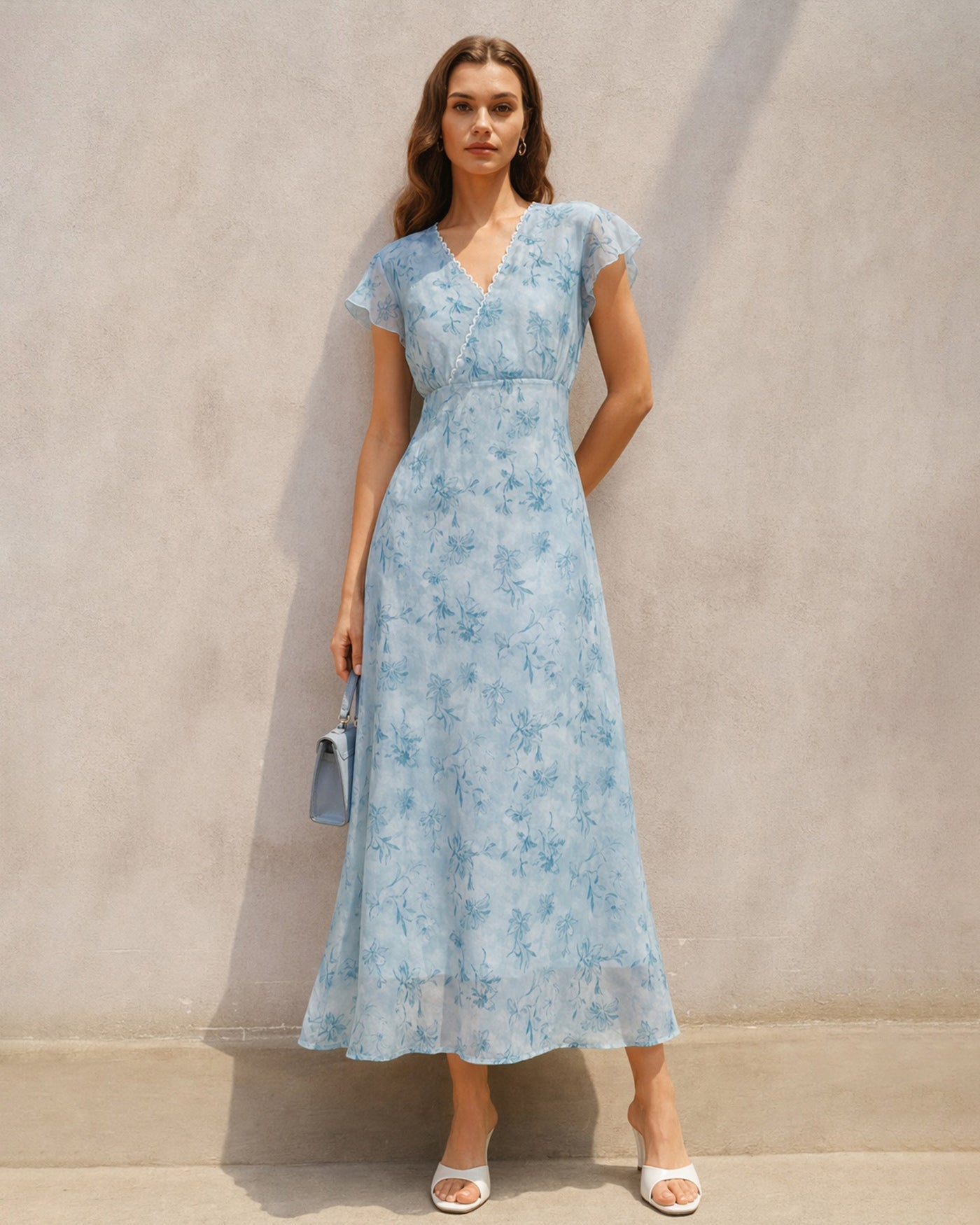 Blue V Neck Lace Floral Maxi Dress