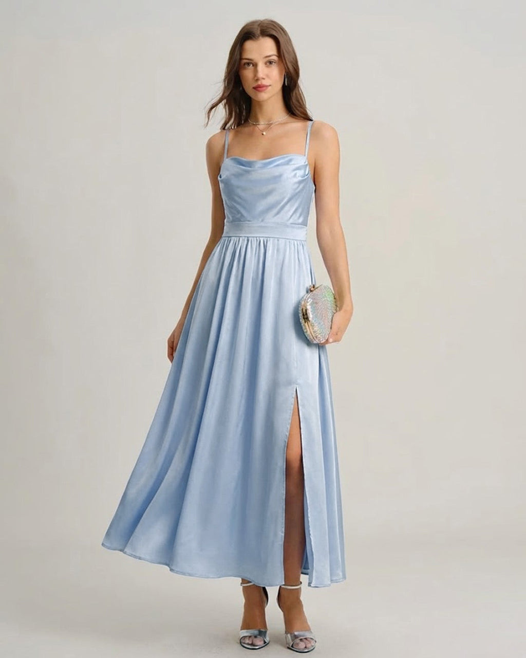 Blue Satin Ruched Slip Maxi Dress