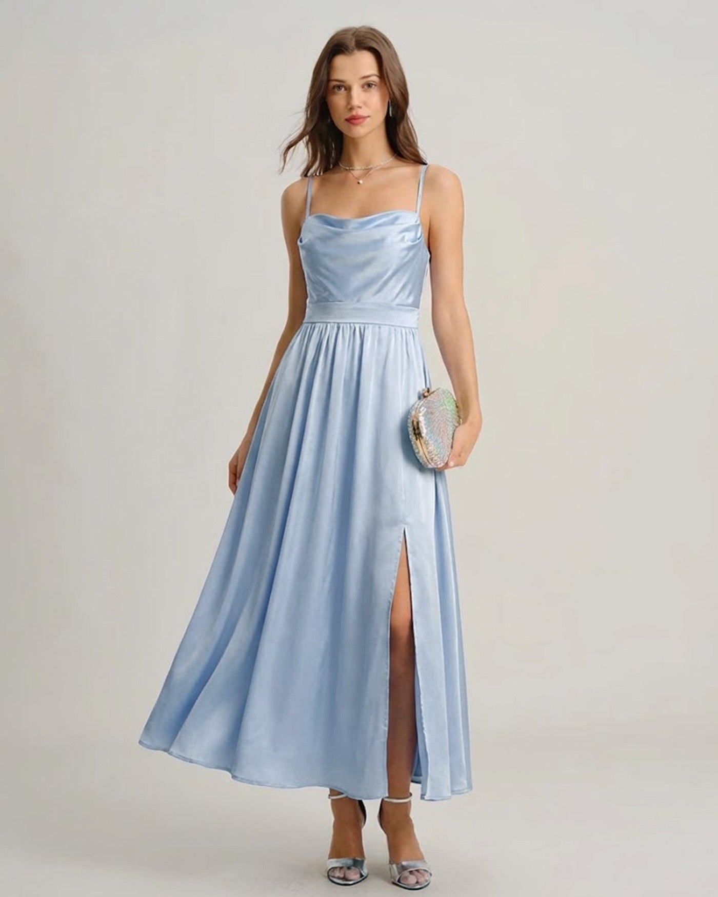 Blue Satin Ruched Slip Maxi Dress