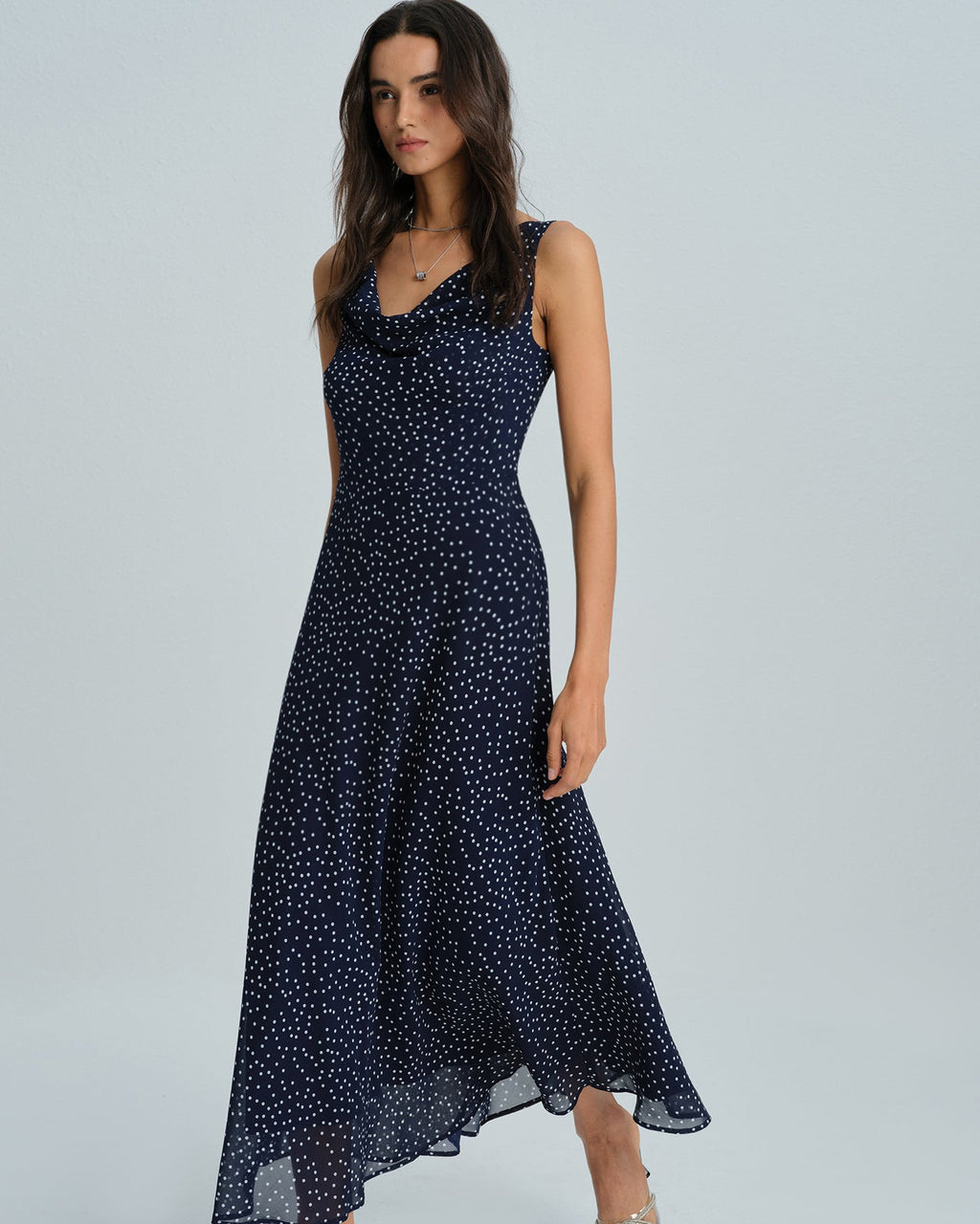 Navy Cowl Neck Polka Dot Maxi Dress