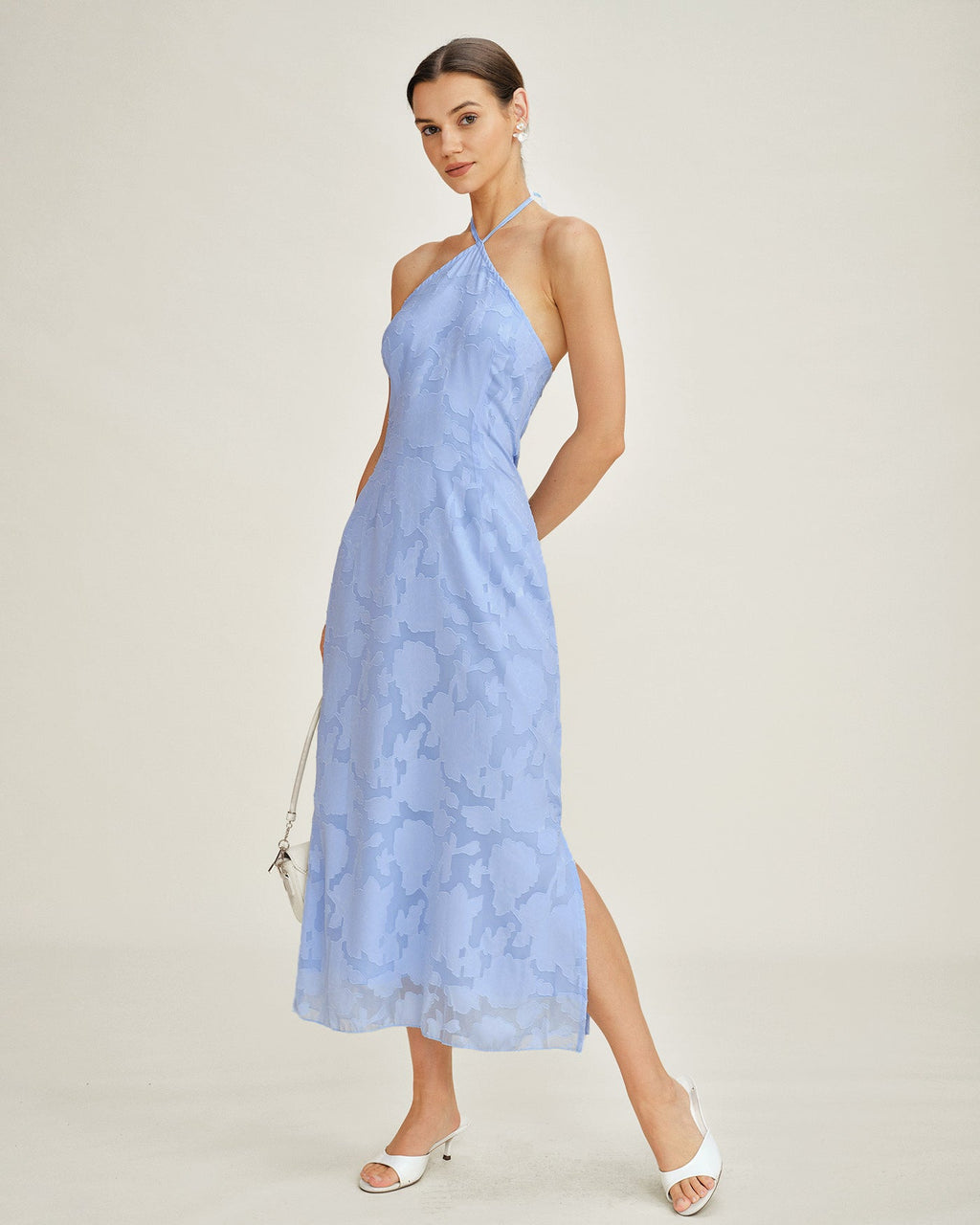 Blue Halter Jacquard Slip Maxi Dress