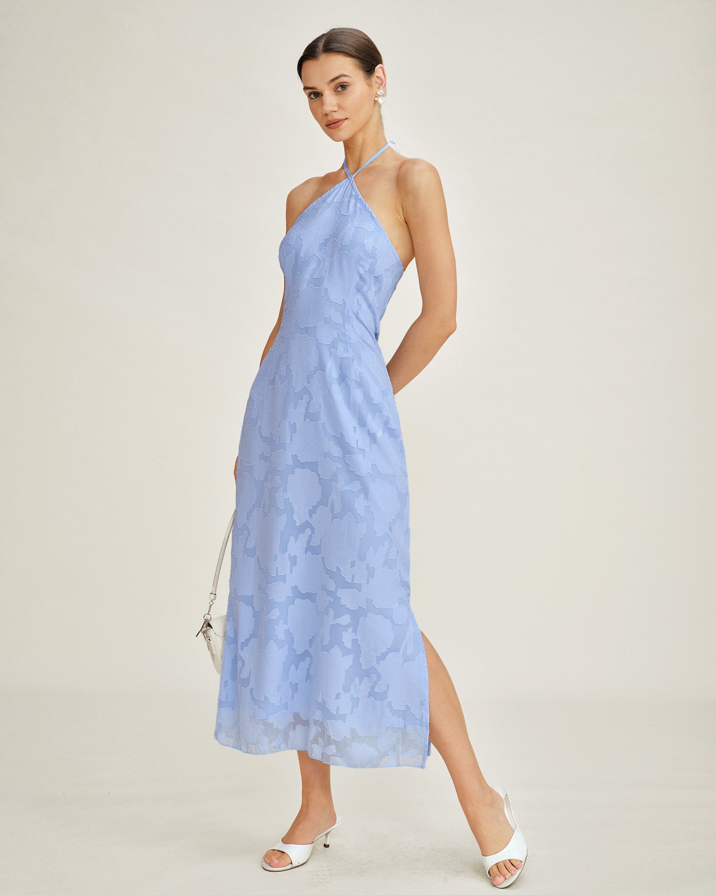 Blue Halter Jacquard Slip Maxi Dress