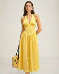 Yellow Halter Cut Out Textured Maxi Dress