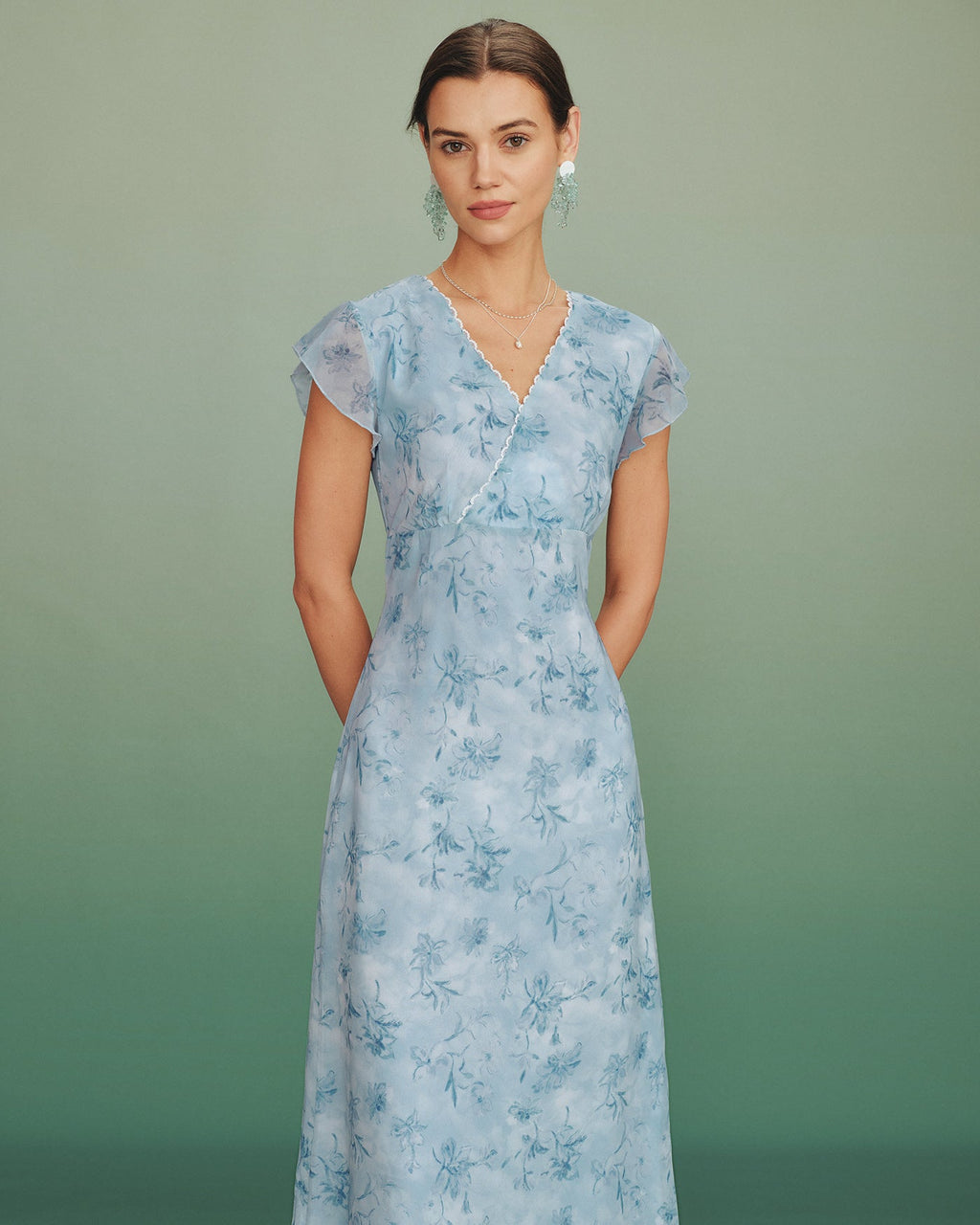 Blue V Neck Lace Floral Maxi Dress
