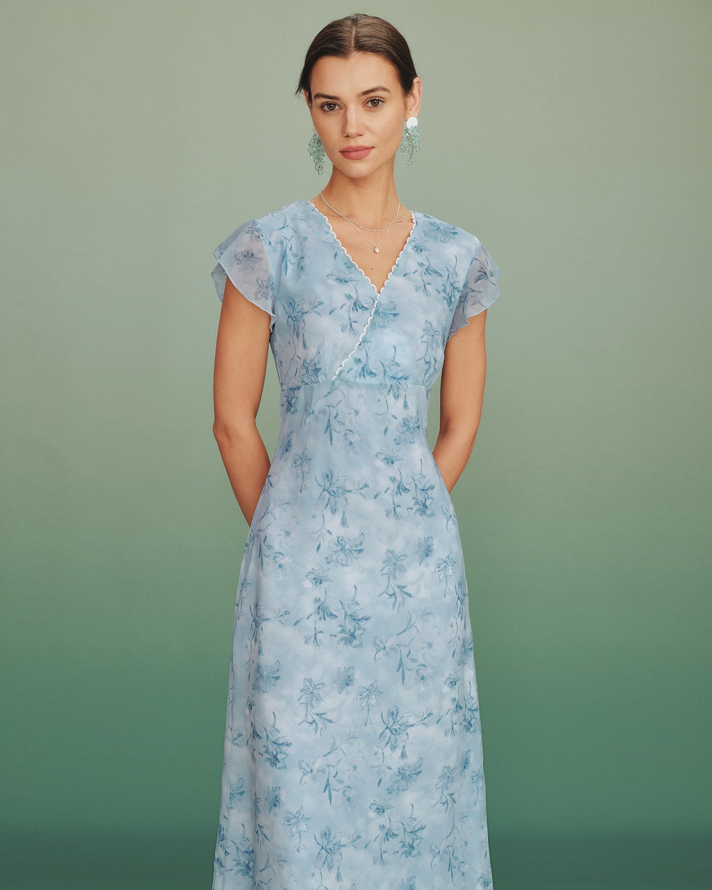 Blue V Neck Lace Floral Maxi Dress