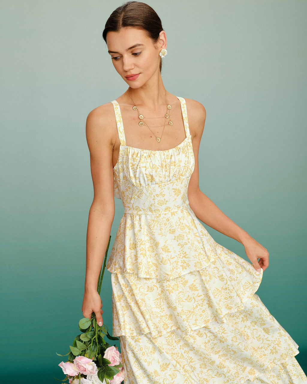 Yellow Floral Ruched Slip Maxi Dress