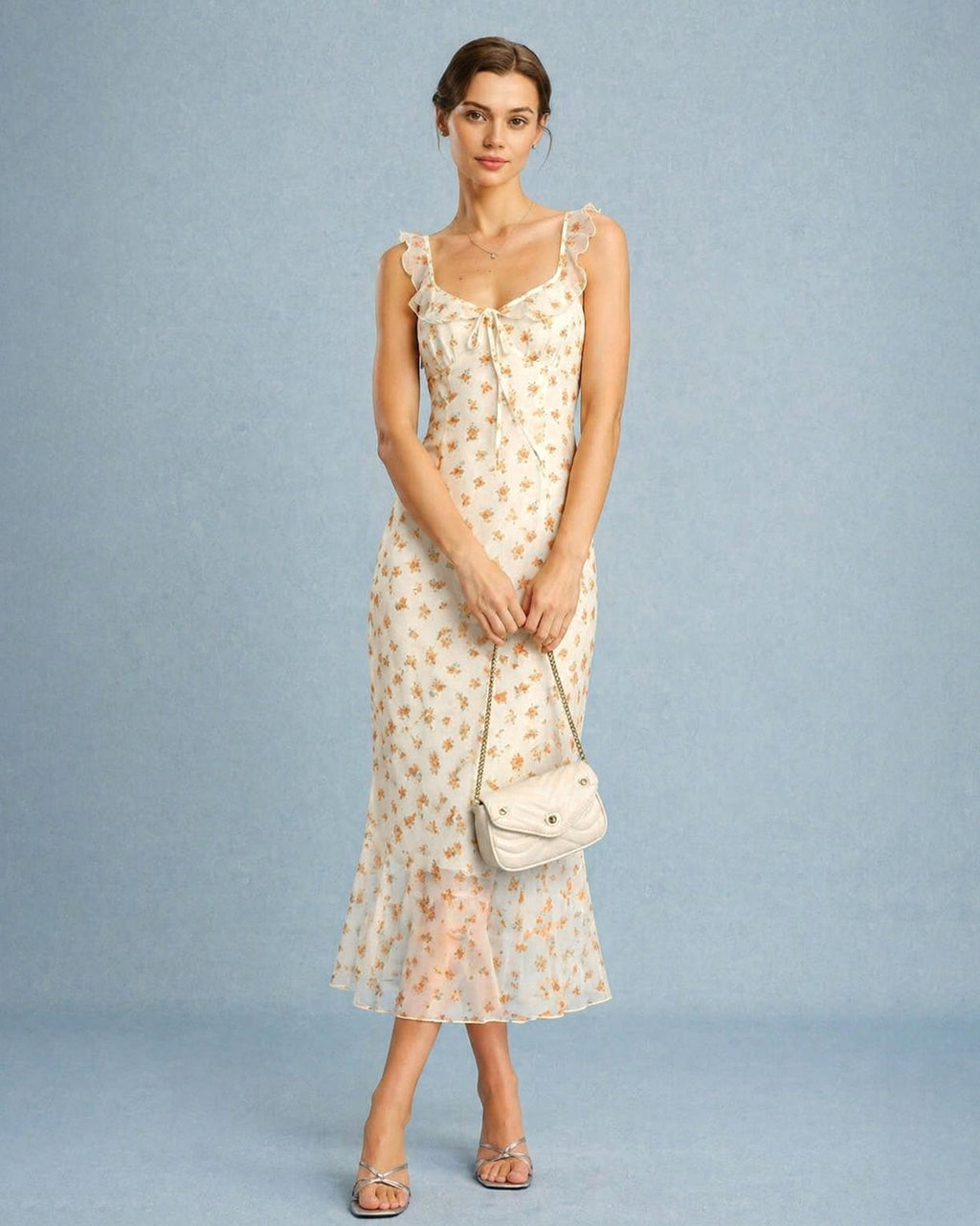Apricot Floral Ruffle Slip Maxi Dress