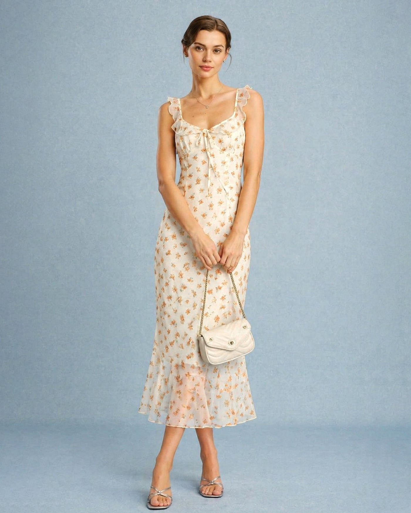 Apricot Floral Ruffle Slip Maxi Dress