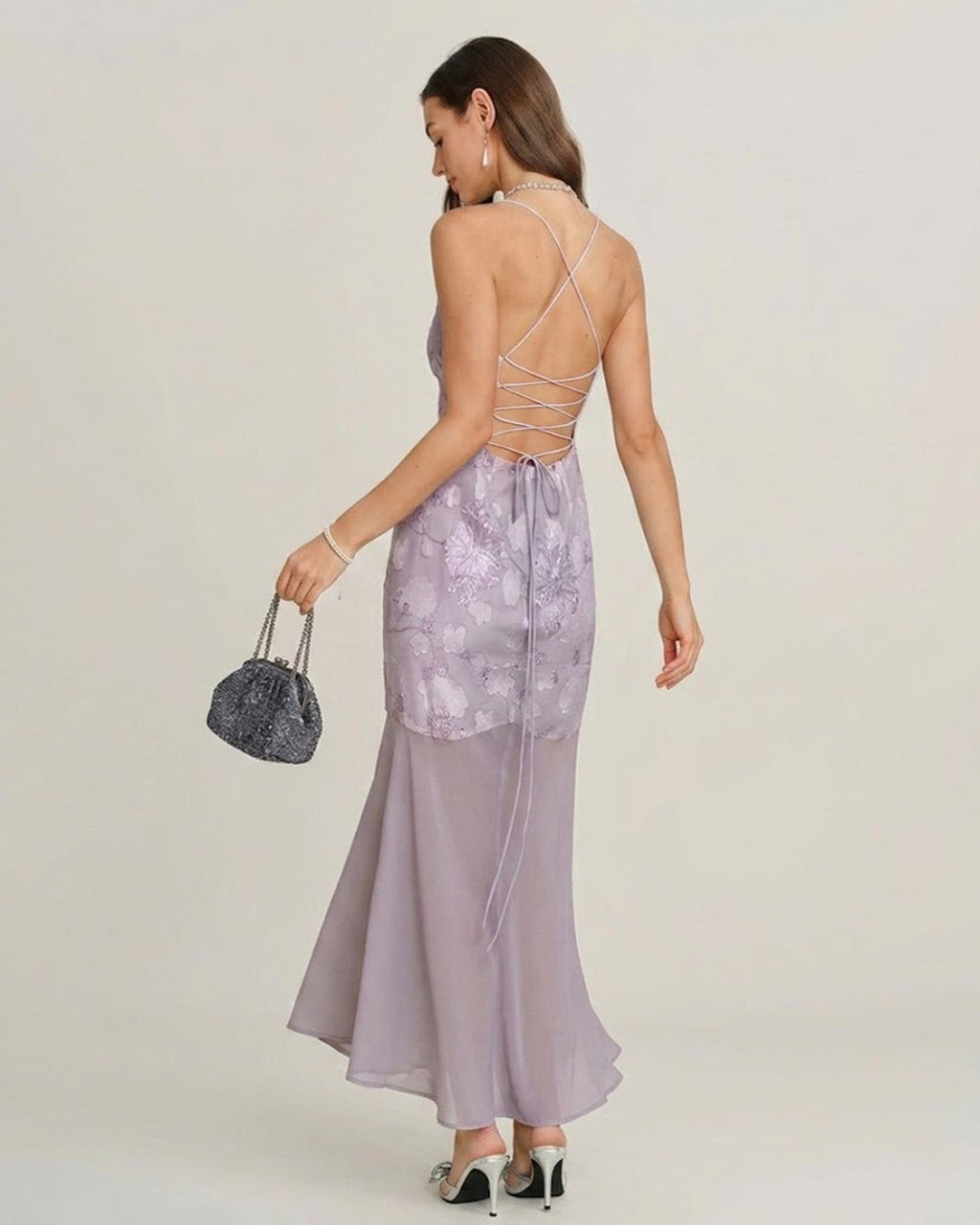 Purple Sequins Jacquard Slip Maxi Dress
