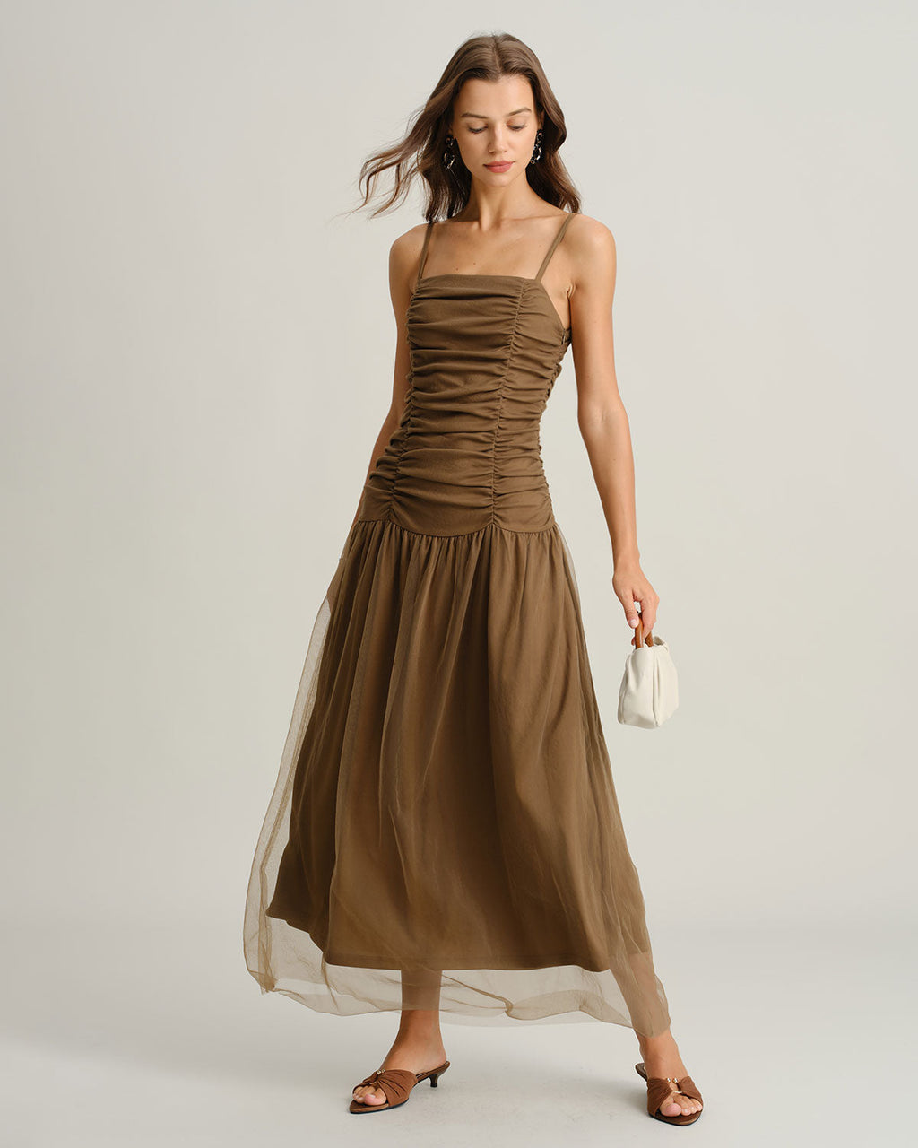 Brown Ruched Mesh Slip Maxi Dress