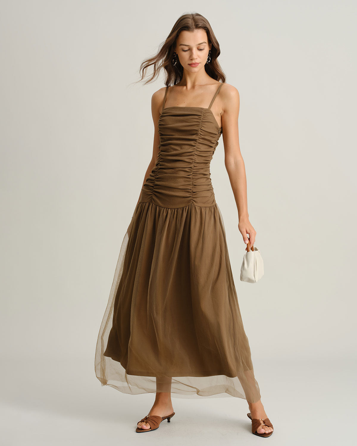 Brown Ruched Mesh Slip Maxi Dress