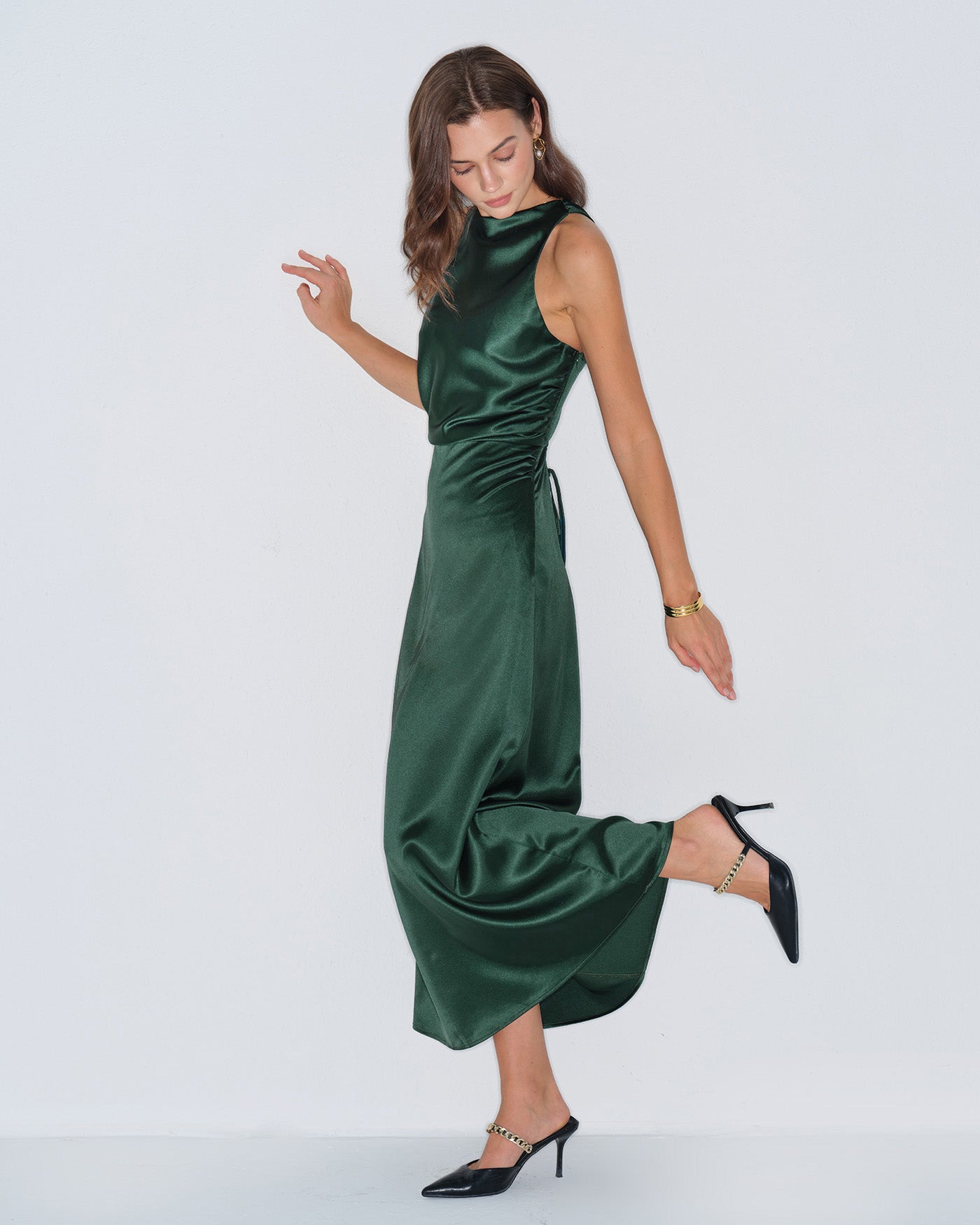 Green Cowl Neck Satin Maxi Dress