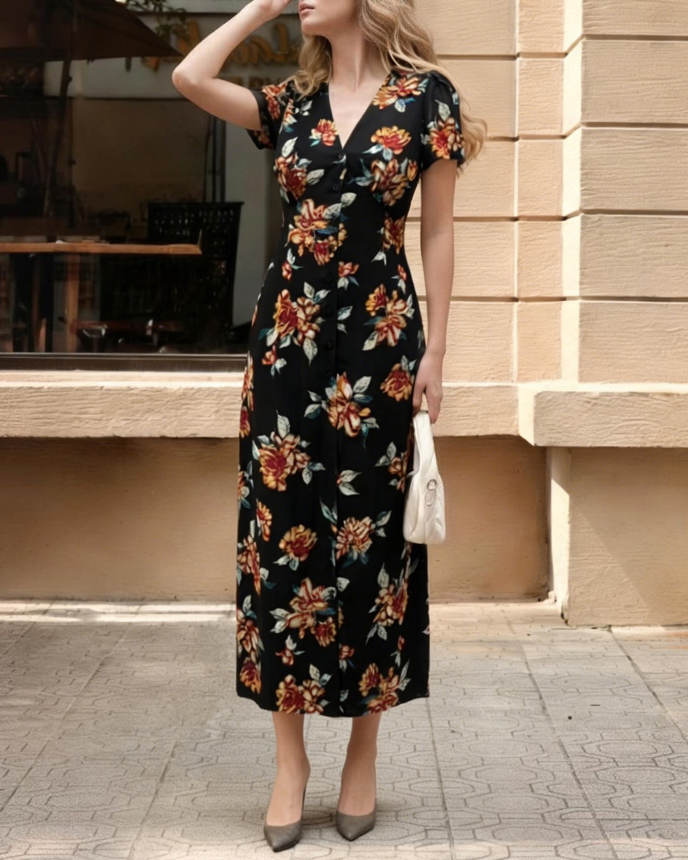 Black V Neck Floral Button Maxi Dress
