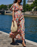 Floral V Neck Butterfly Sleeve Maxi Dress