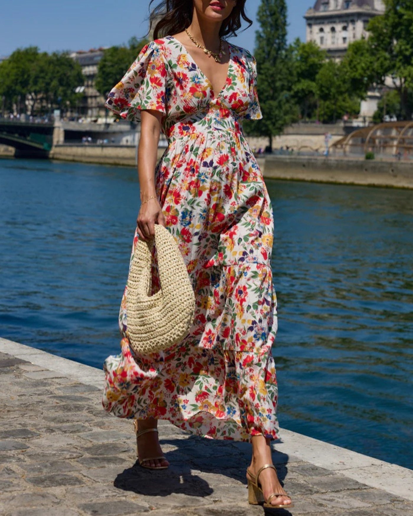 Floral V Neck Butterfly Sleeve Maxi Dress