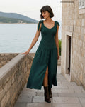 Green Ruched A-Line Sleeveless Maxi Dress