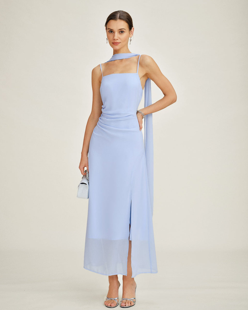 Blue Cowl Neck Strap Chiffon Maxi Dress