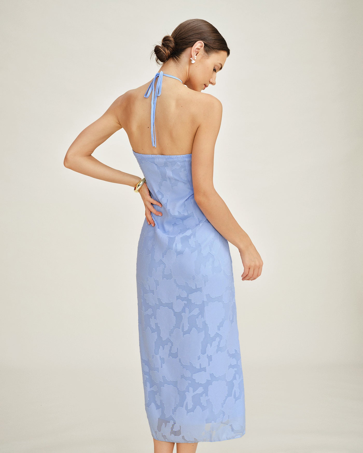 Blue Halter Jacquard Slip Maxi Dress