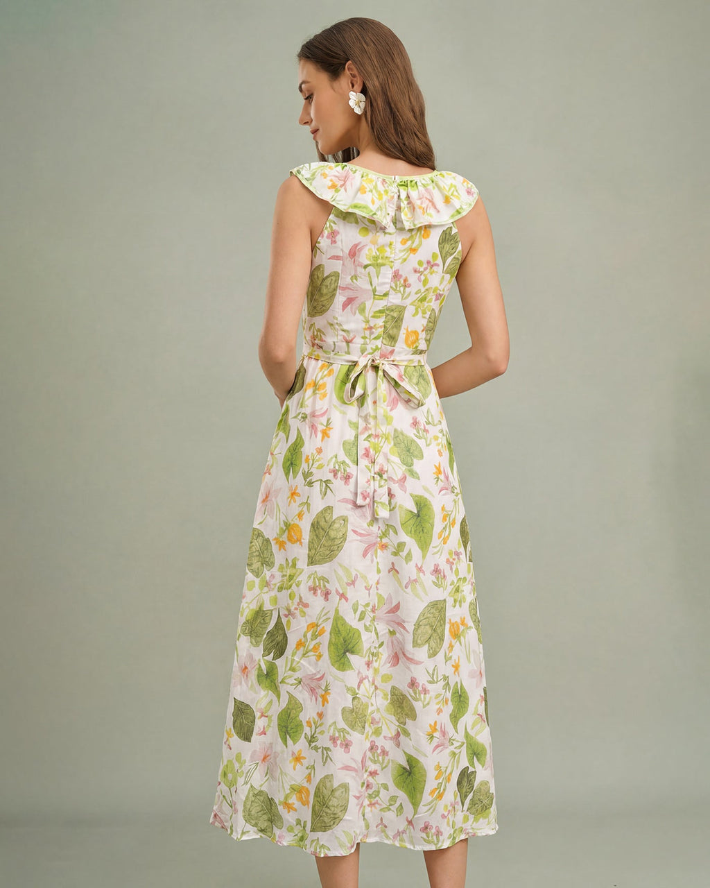 Green U Neck Plant Maxi Dress