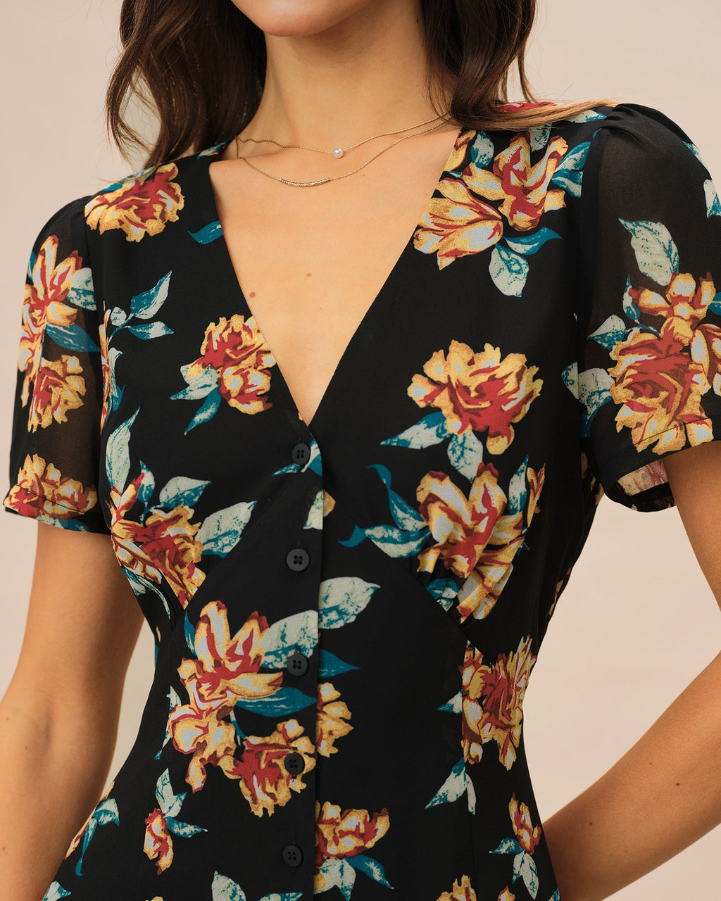 Black V Neck Floral Button Maxi Dress
