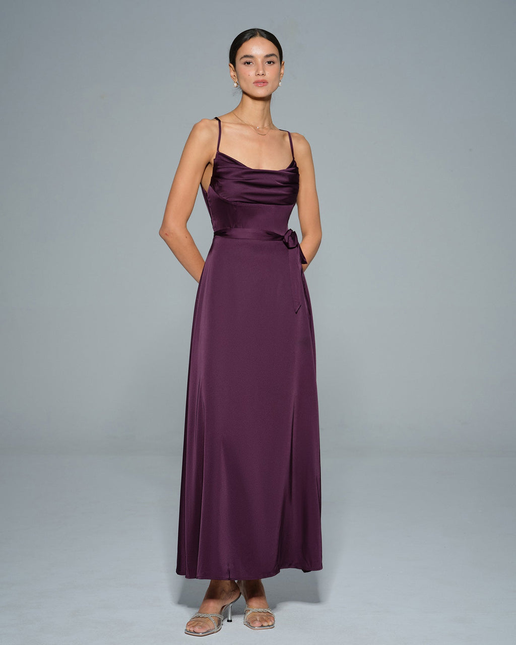 Purple Cowl Neck Satin Maxi Dress