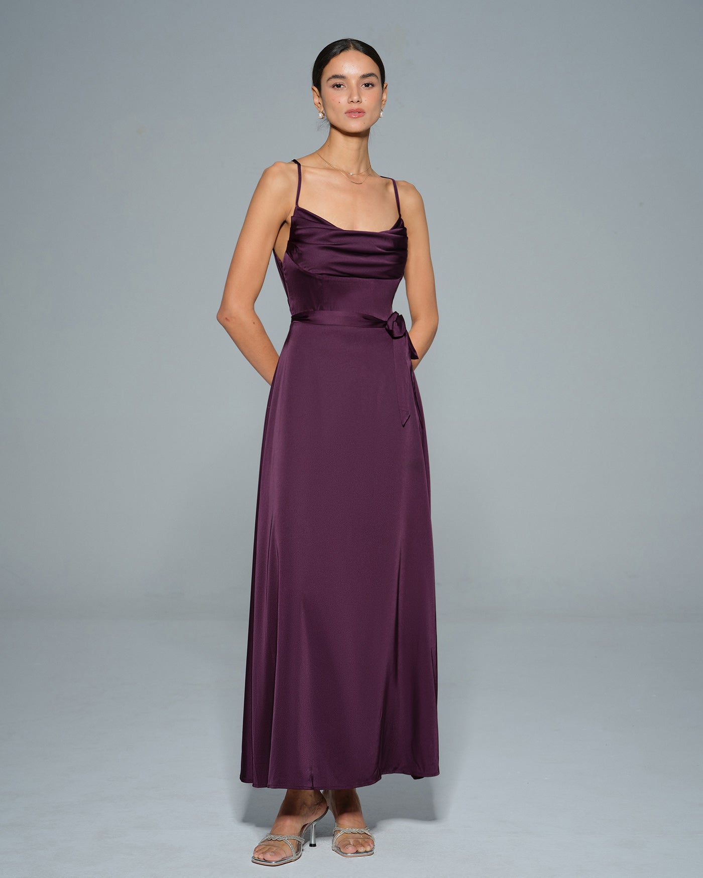 Purple Cowl Neck Satin Maxi Dress