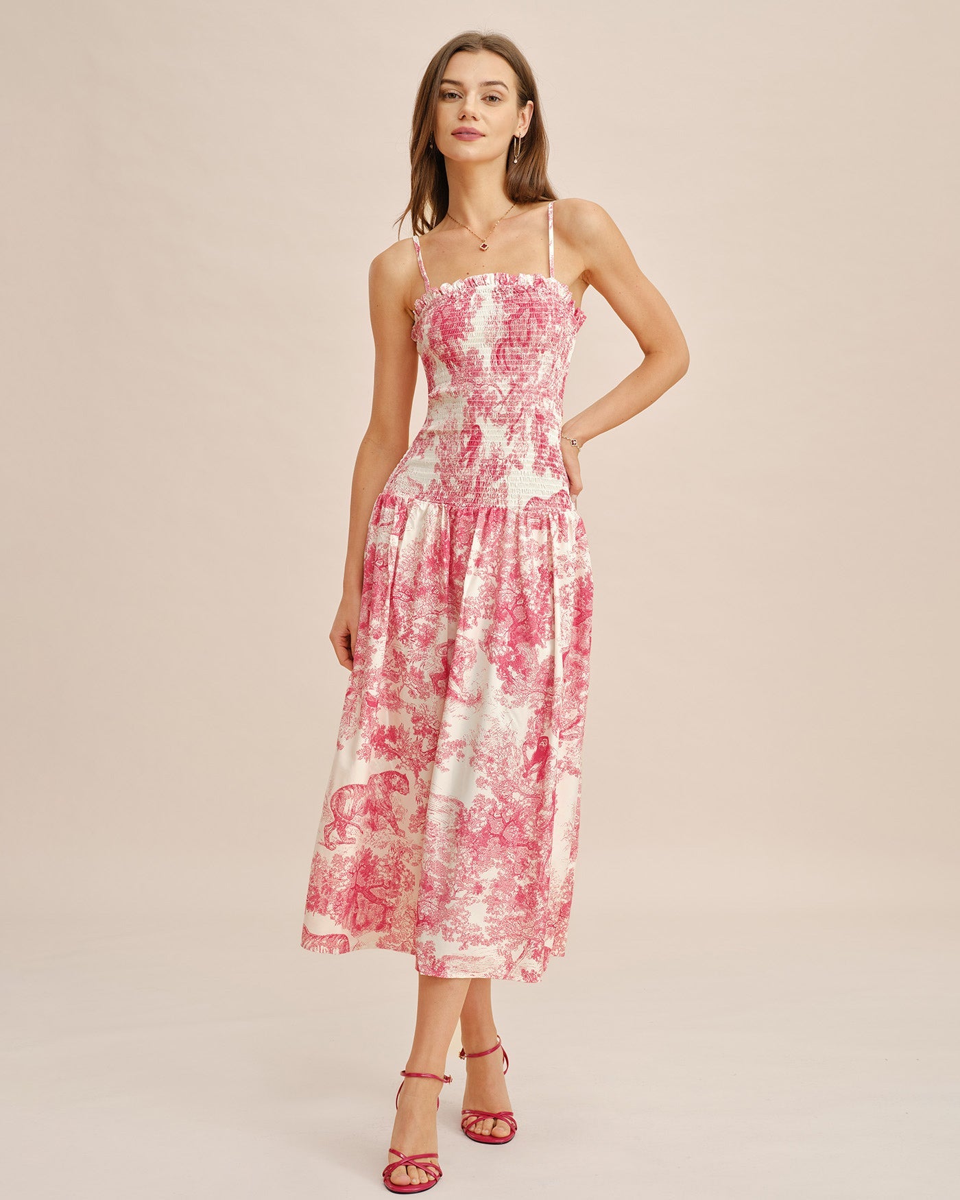 Pink Floral Shirred Slip Maxi Dress