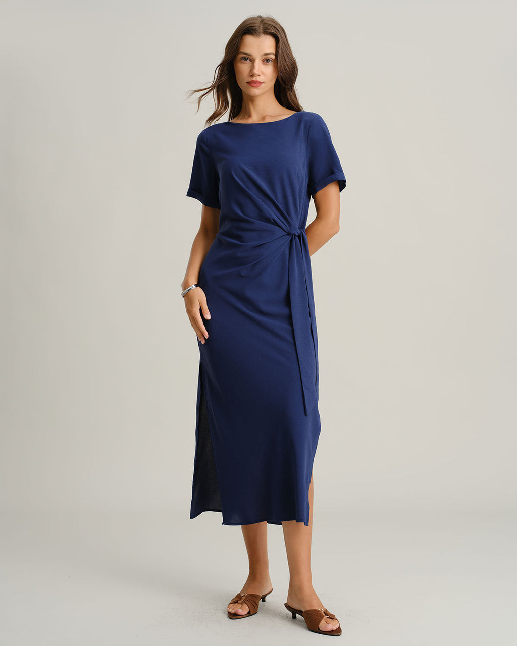 Blue Round Neck Short Sleeve Maxi Dress