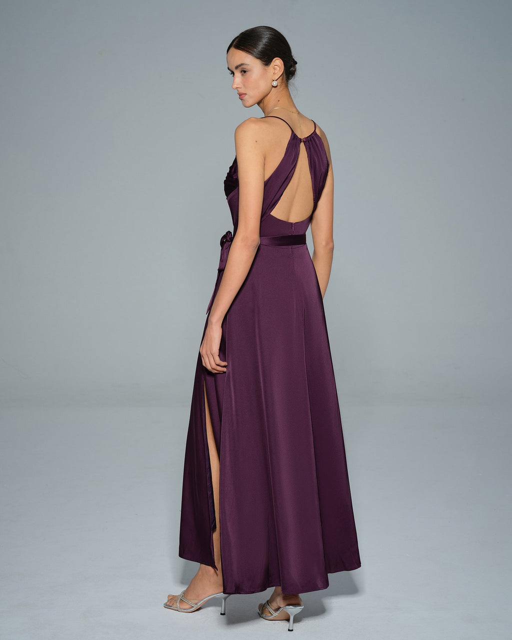 Purple Cowl Neck Satin Maxi Dress