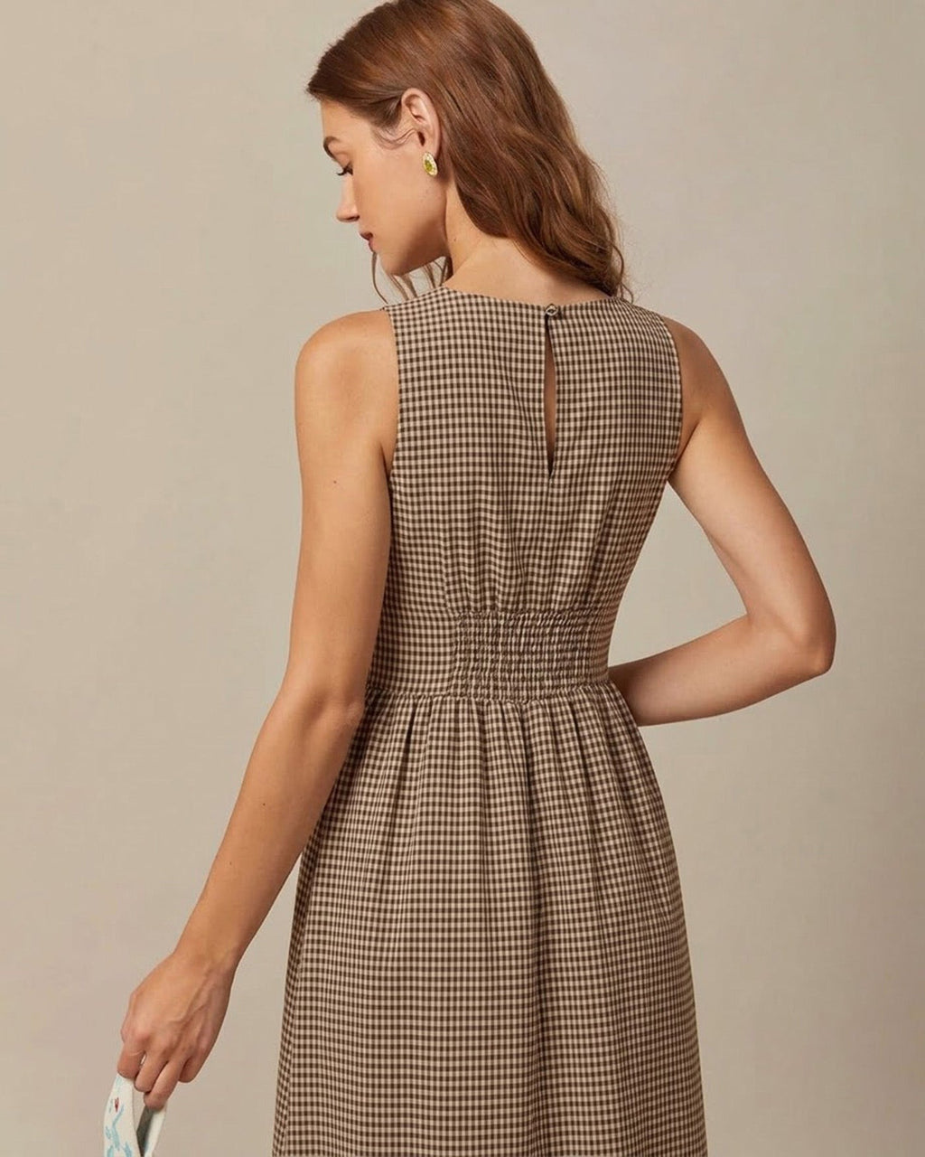 Brown V Neck Plaid Maxi Dress