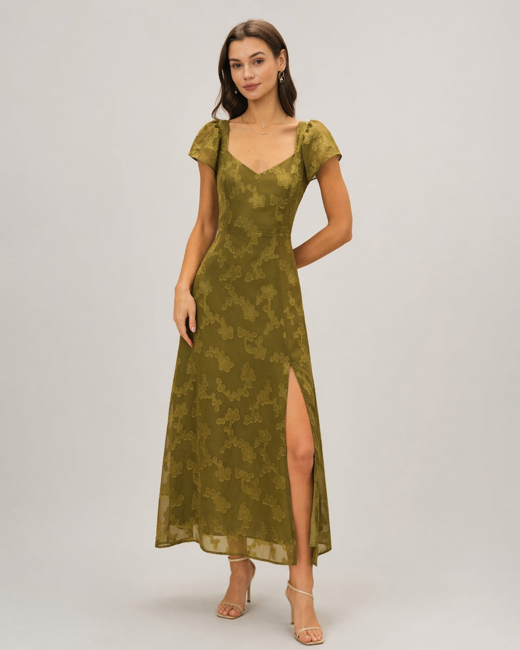 Green Sweetheart Neck Jacquard Maxi Dress