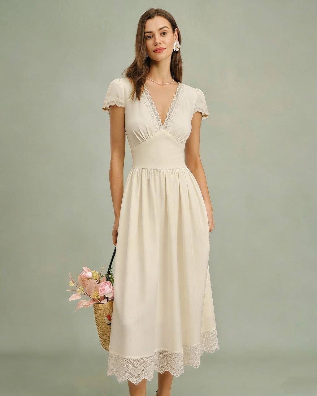 Apricot V Neck Lace Maxi Dress
