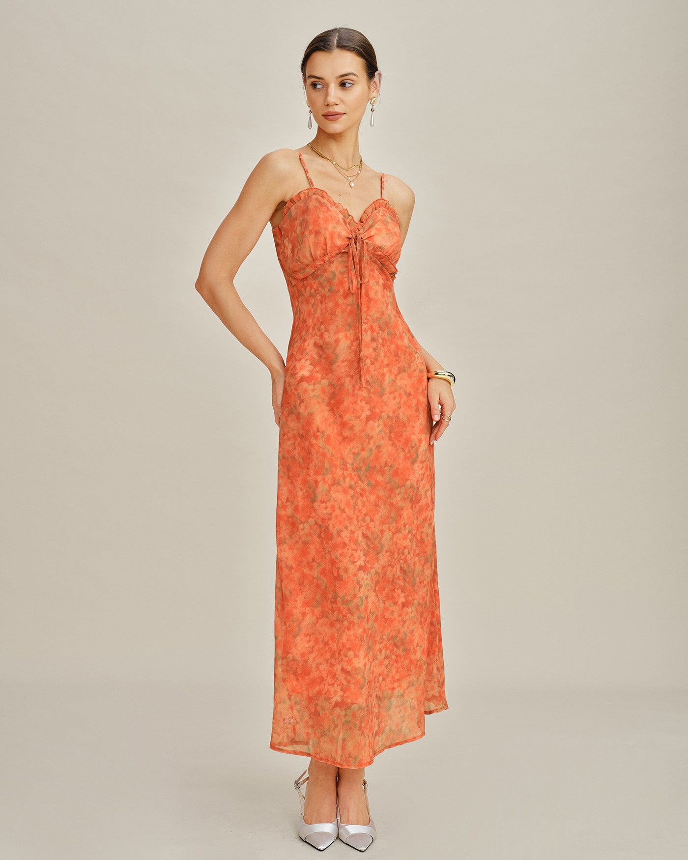 Orange Floral A-Line Slip Maxi Dress