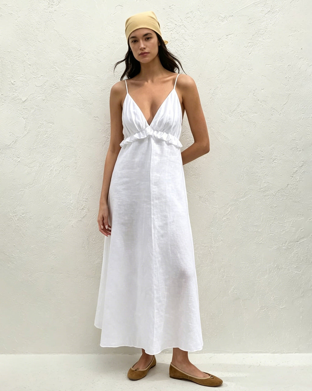 White Solid Ruched Slip Maxi Dress