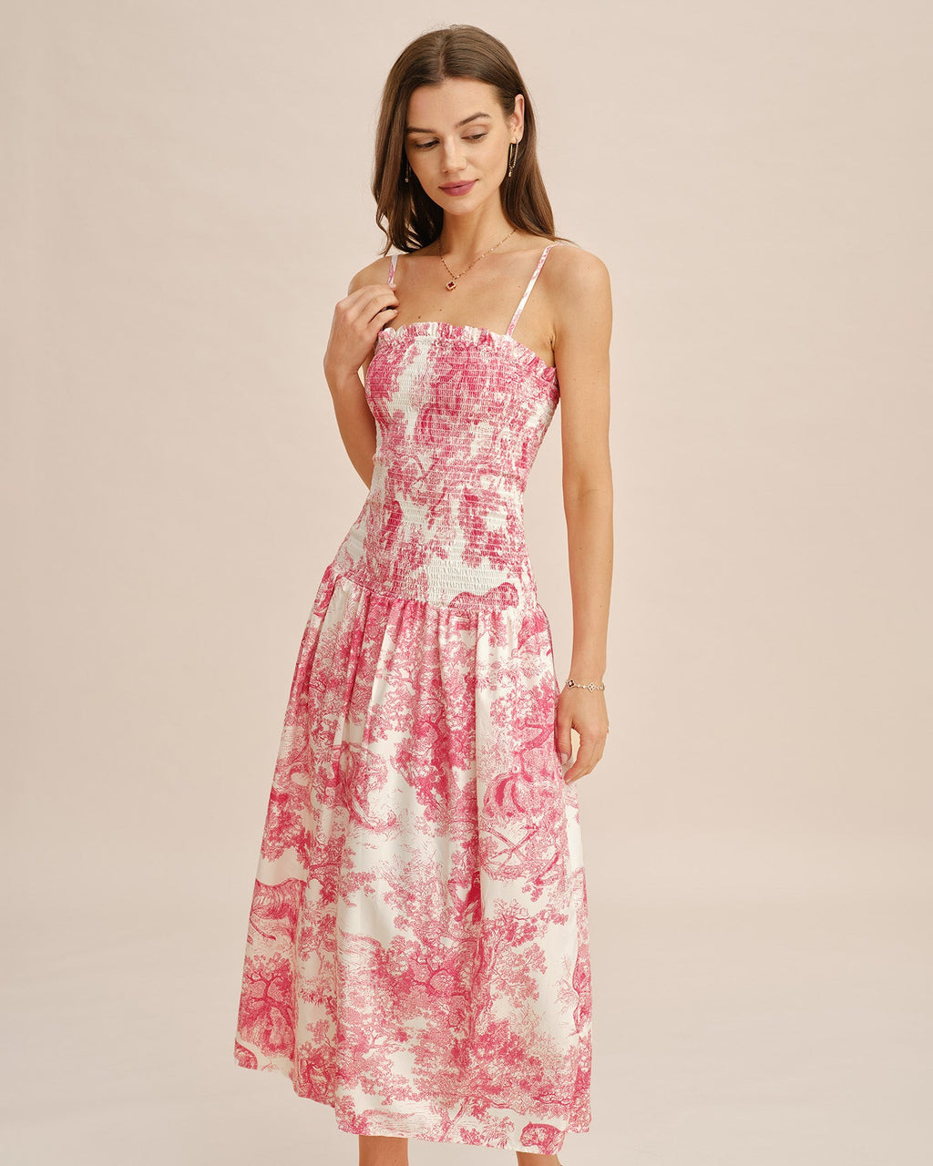 Pink Floral Shirred Slip Maxi Dress