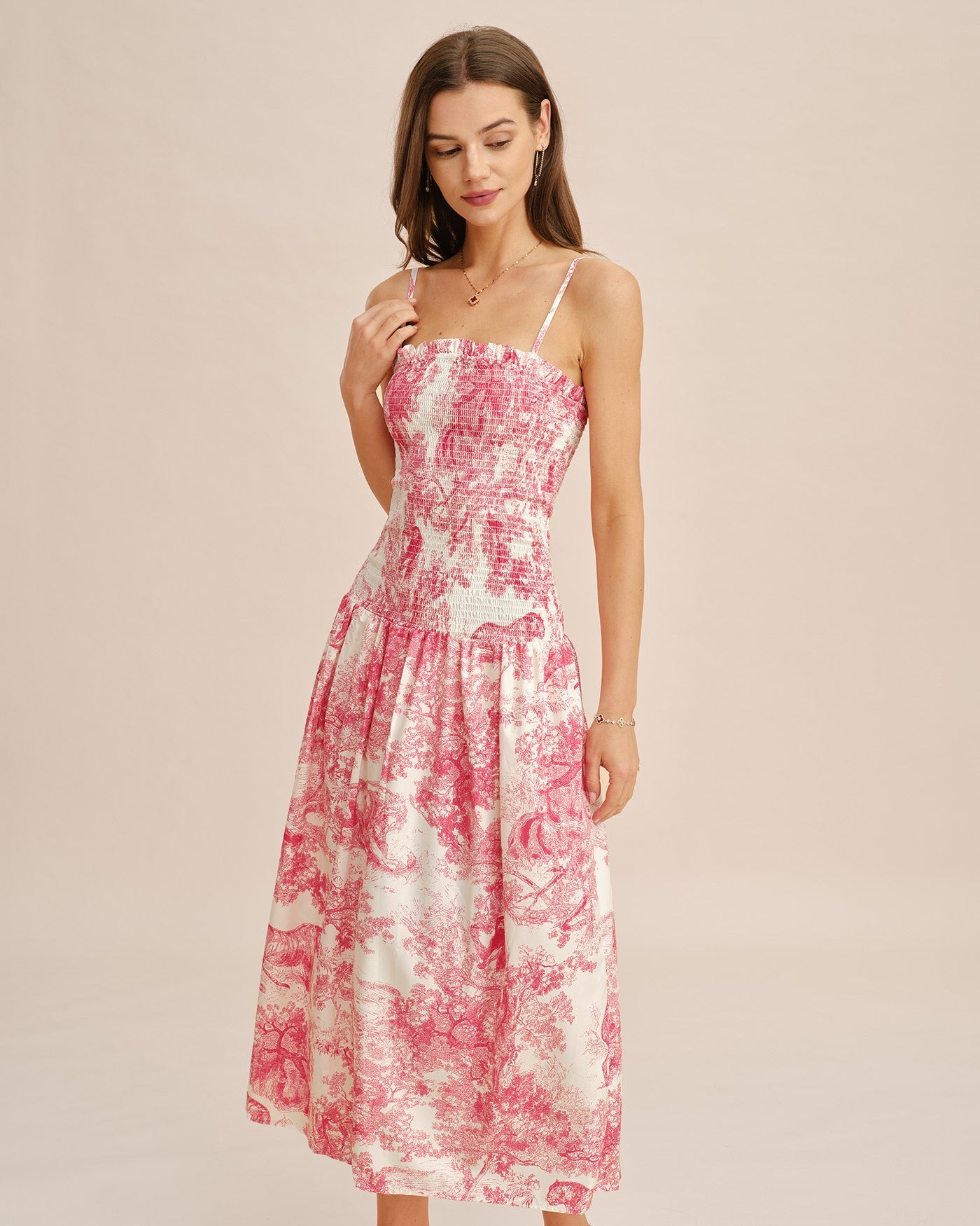 Pink Floral Shirred Slip Maxi Dress
