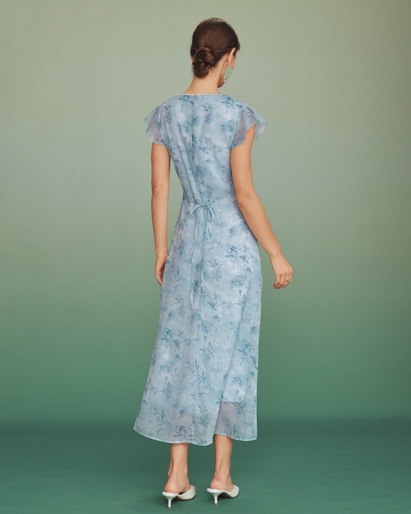 Blue V Neck Lace Floral Maxi Dress