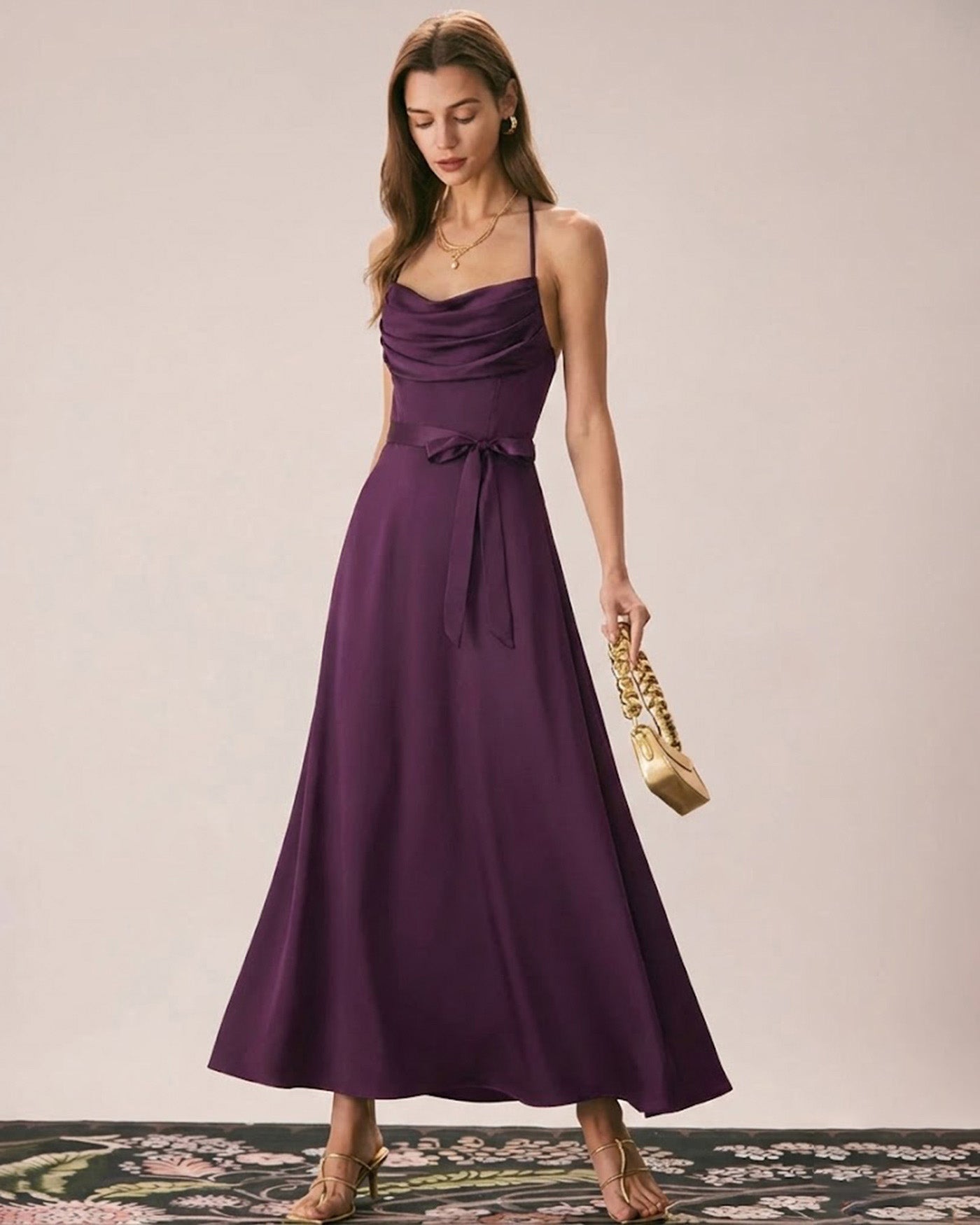 Purple Cowl Neck Satin Maxi Dress