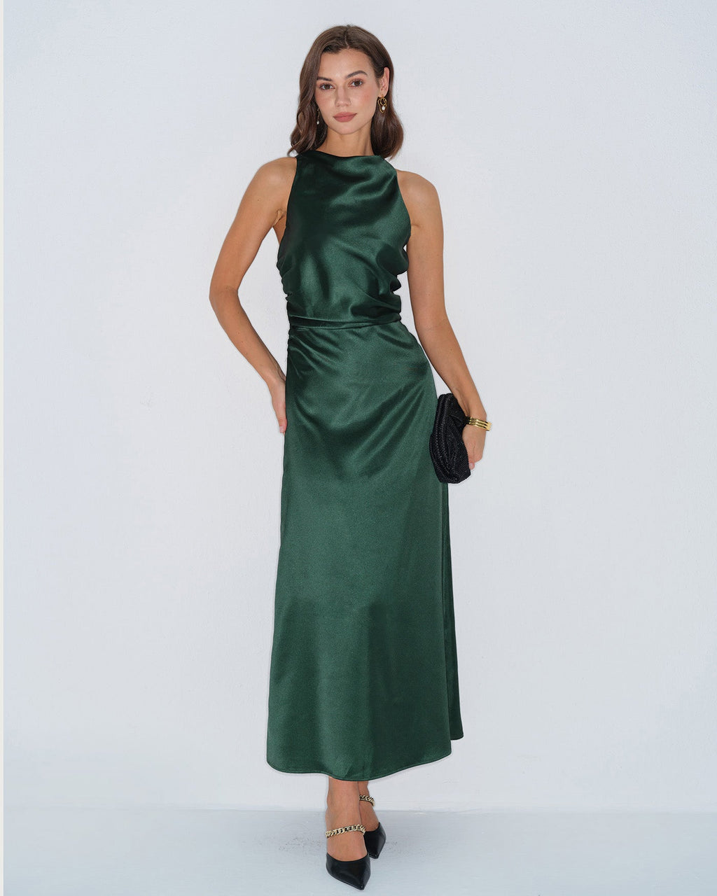 Green Cowl Neck Satin Maxi Dress