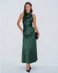 Green Cowl Neck Satin Maxi Dress
