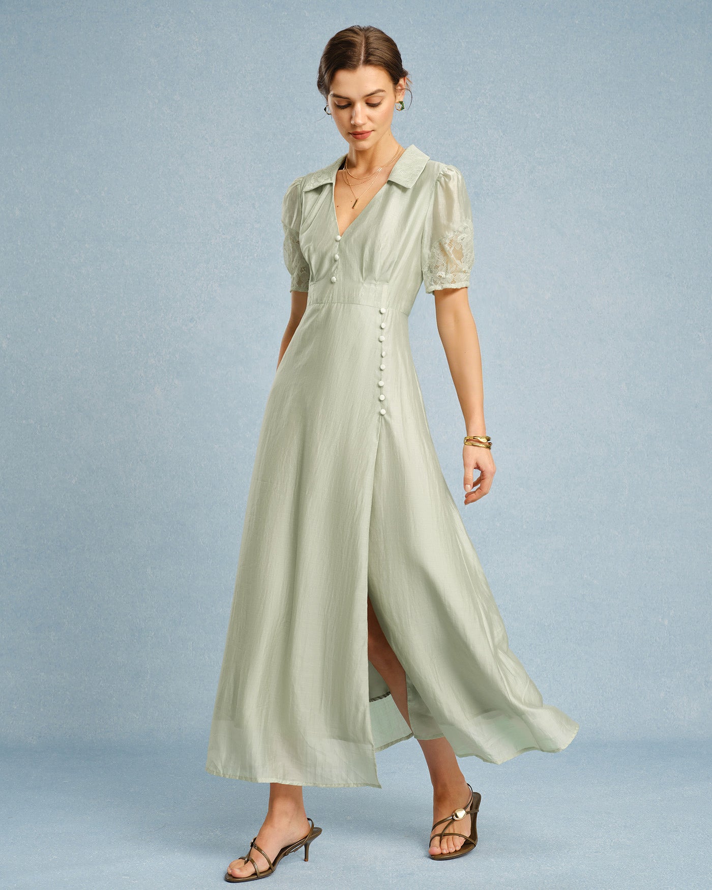 Green V Neck Button Maxi Dress
