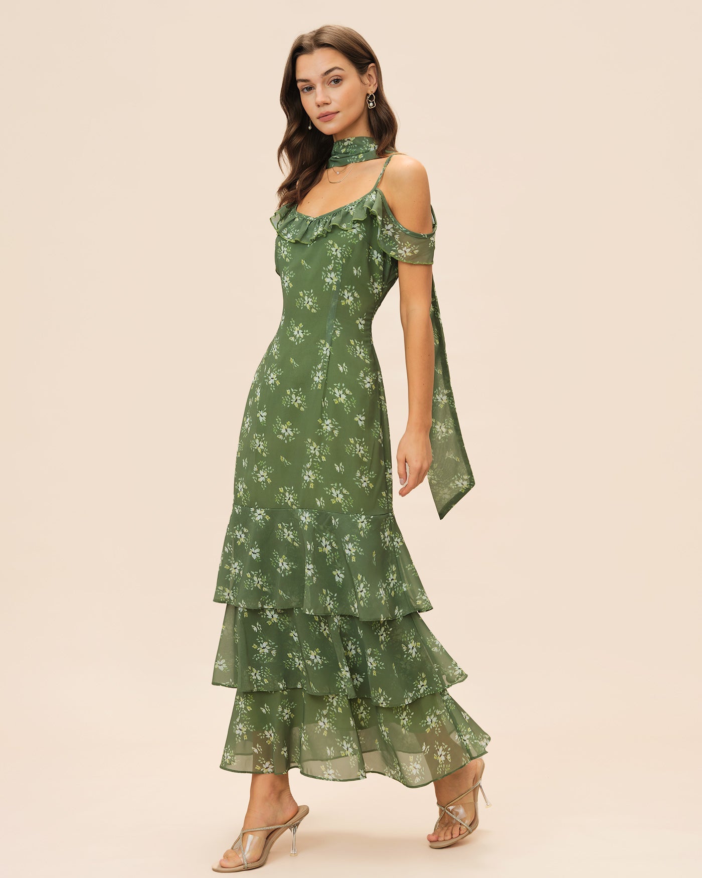 Green V Neck Ruffle Floral Maxi Dress