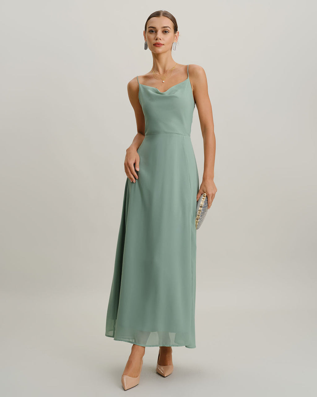 Green A-Line Backless Slip Maxi Dress